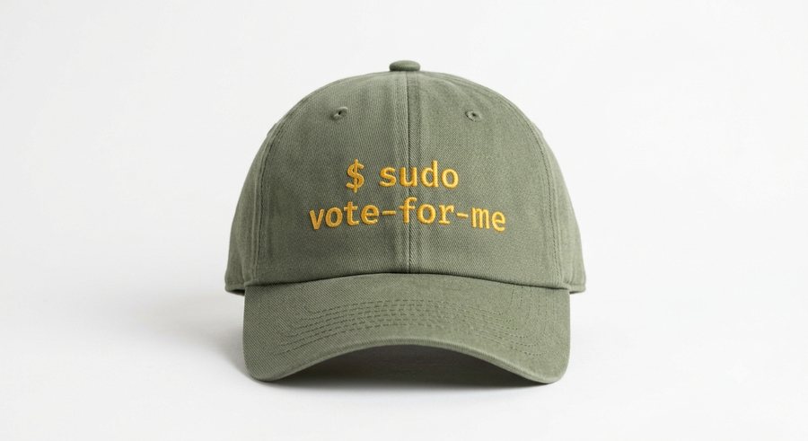 Olive cap embroidered with “$ sudo vote-for-me”
