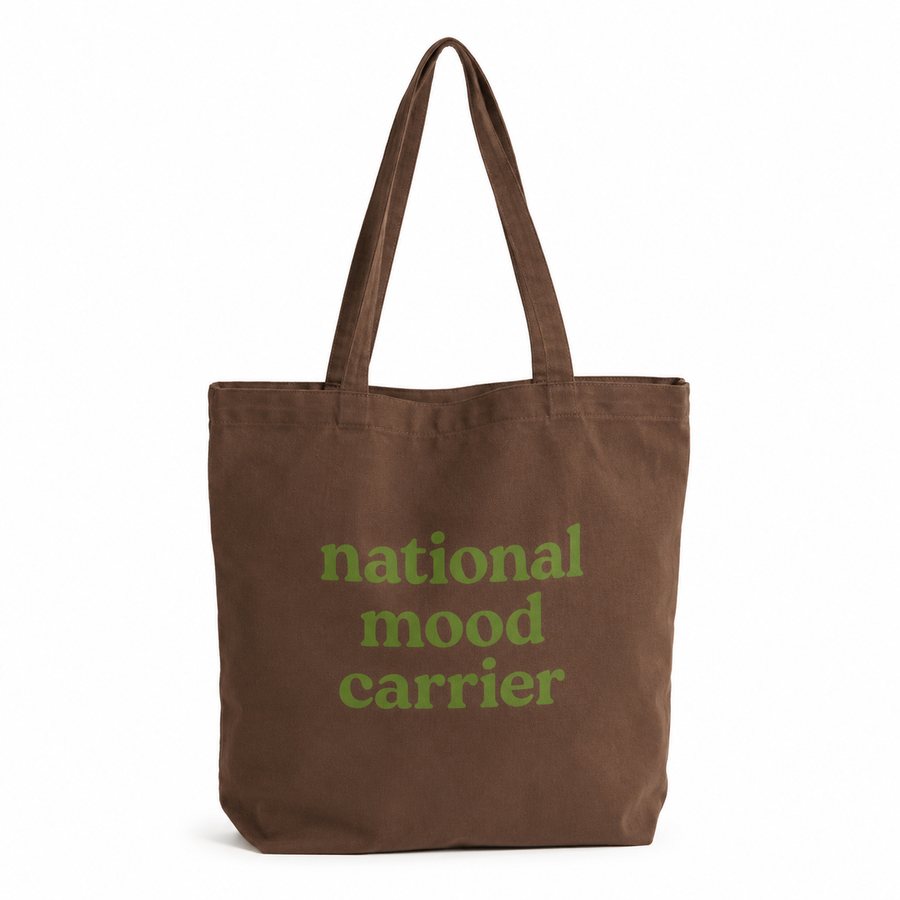 Brown canvas tote reading “national mood carrier”